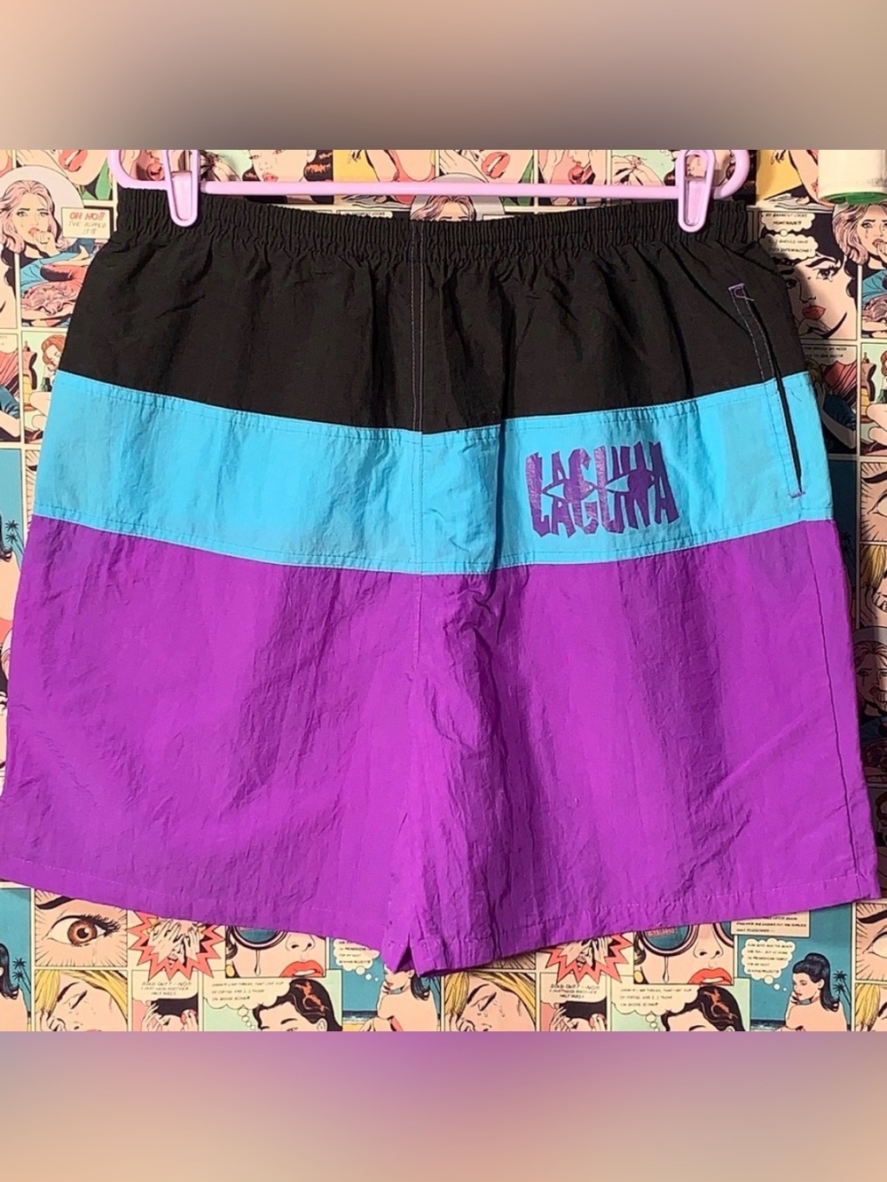 Vintage Laguna Nylon Swim Trunks Colorblock Black Teal Purple L